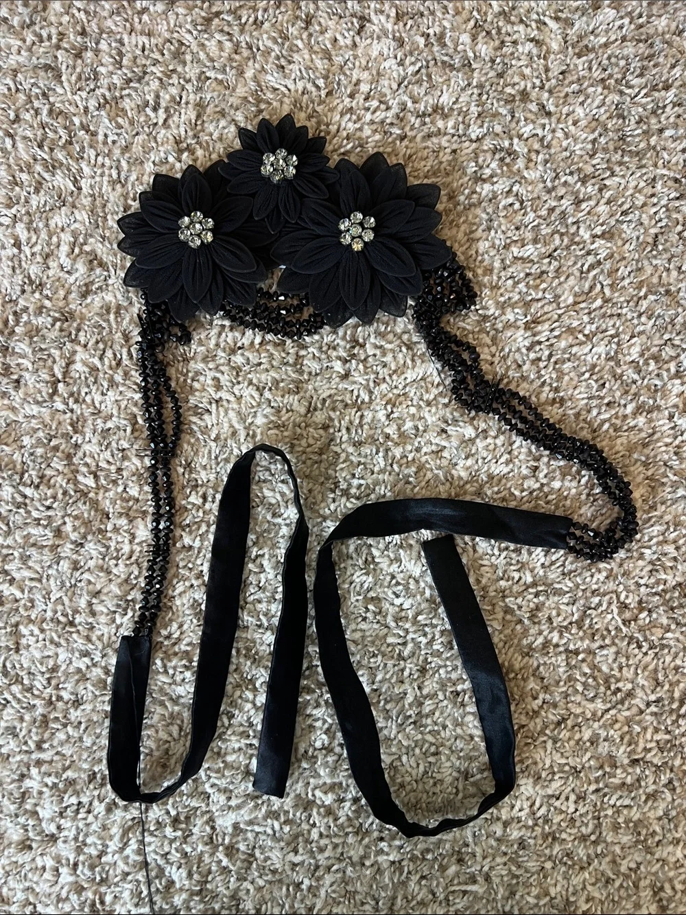 RARE Vintage Armani Collection Black Floral Beaded Waist Belt with Ribbon Tie